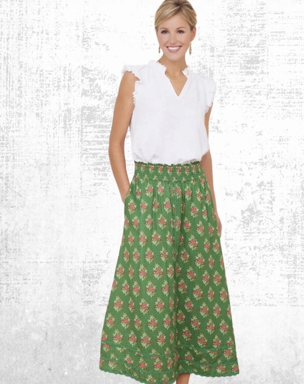 Womens WYSE Cotton Sophia Ric Rac Cotton Skirt Green Woodblock